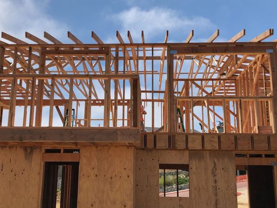 Multi-story frame with rafter overhangs and plywood shear walls